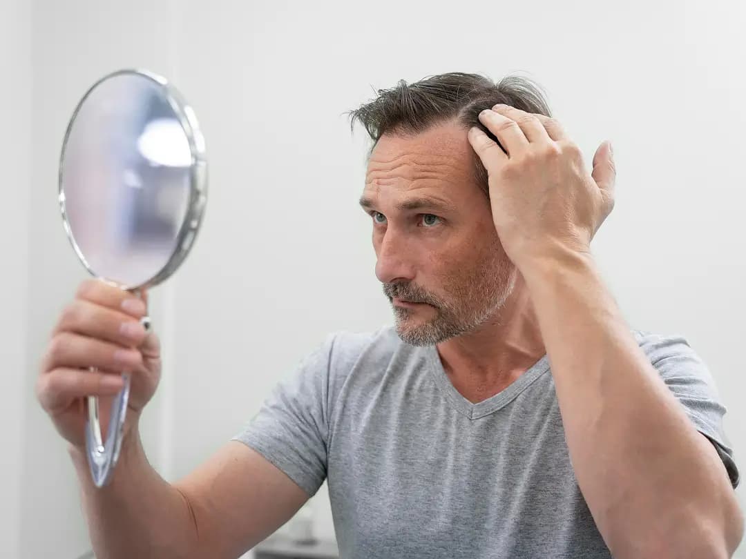 A man examining his hairline in a hand mirror